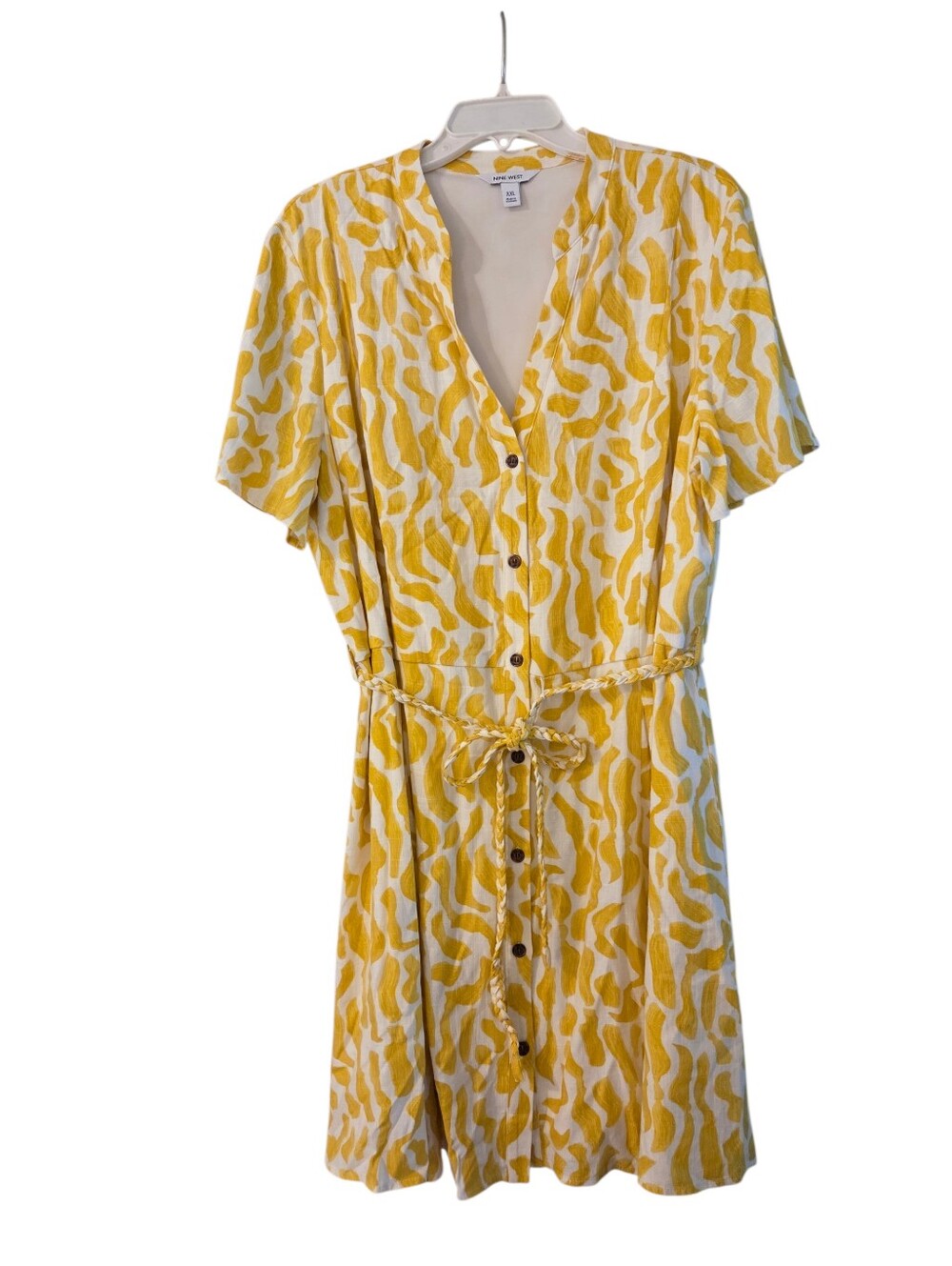 Nine West Yellow White Pattern Dress Button Down Tie Waist Plus Size XXL